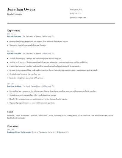 Baseball Instructor Resume