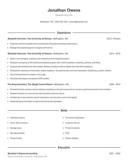 Baseball Instructor Resume