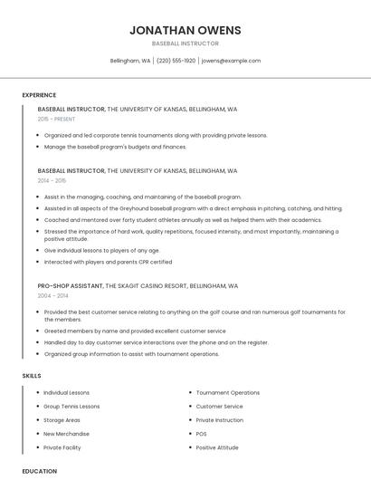 Baseball Instructor Resume
