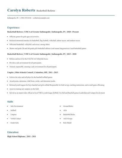 Basketball Referee Resume