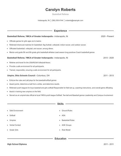 Basketball Referee Resume