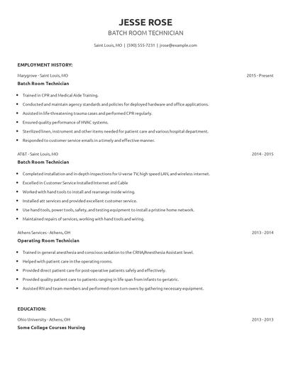 Batch Room Technician Resume