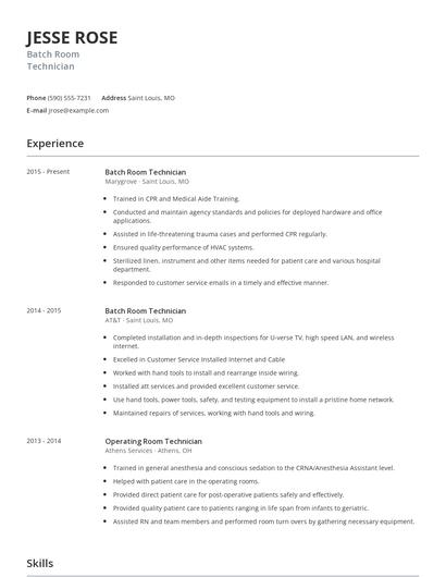 Batch Room Technician Resume