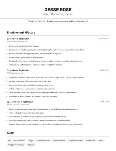Batch Room Technician Resume
