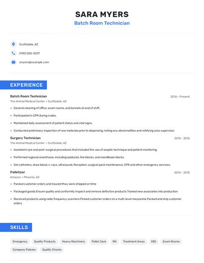 Batch Room Technician Resume