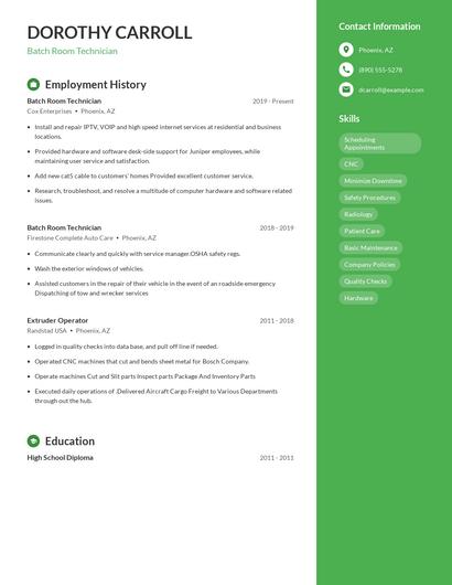 Batch Room Technician Resume