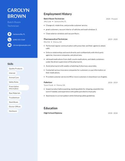 Batch Room Technician Resume