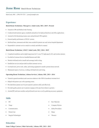 Batch Room Technician Resume