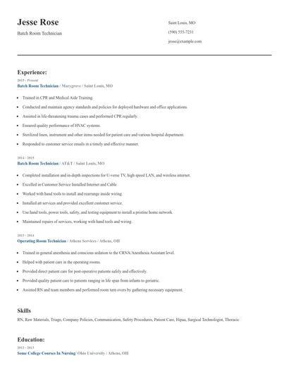 Batch Room Technician Resume