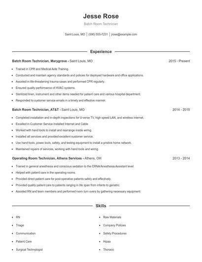 Batch Room Technician Resume