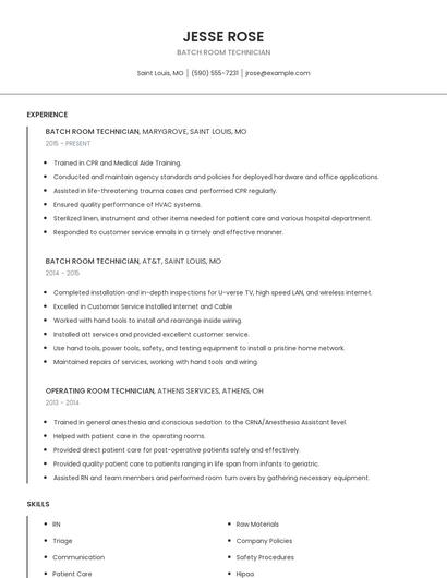 Batch Room Technician Resume