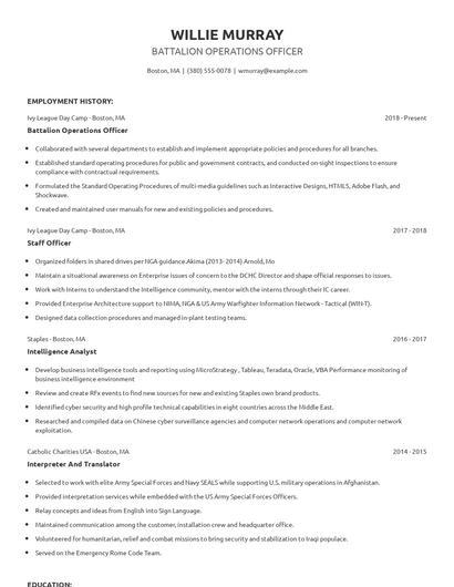 Battalion Operations Officer Resume