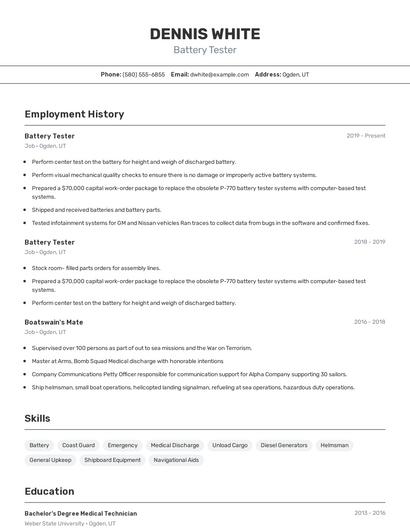 Battery Tester Resume