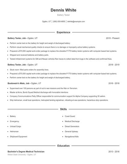 Battery Tester Resume