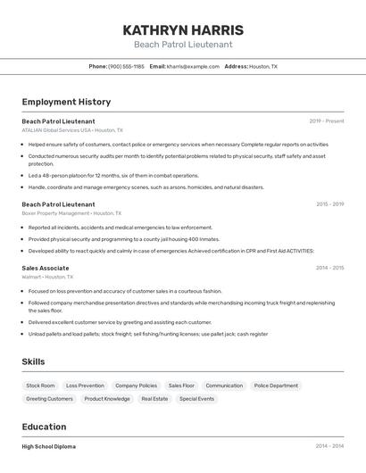 Beach Patrol Lieutenant Resume