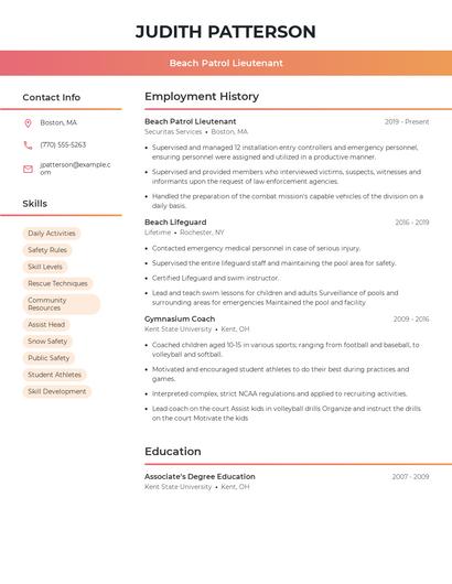 Beach Patrol Lieutenant Resume
