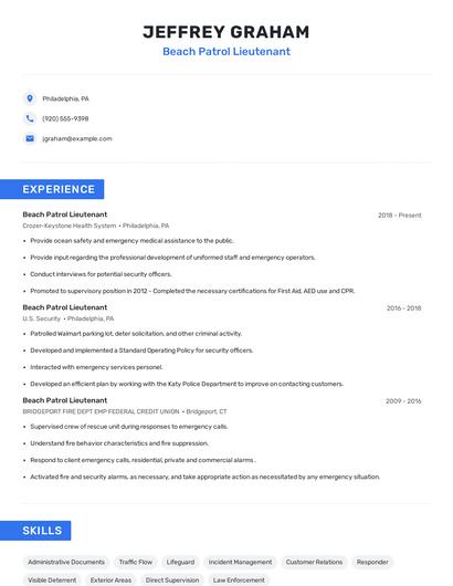 Beach Patrol Lieutenant Resume