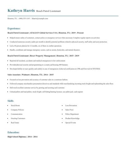 Beach Patrol Lieutenant Resume