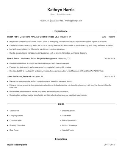 Beach Patrol Lieutenant Resume
