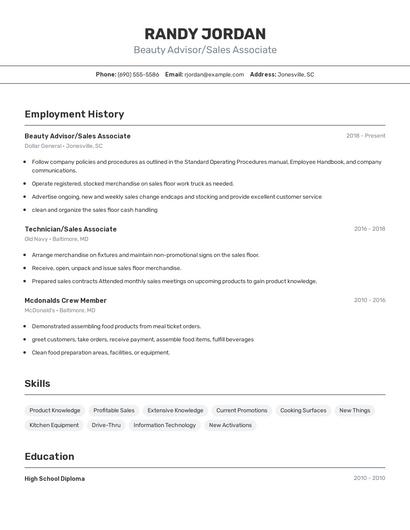 Beauty Advisor/Sales Associate Resume