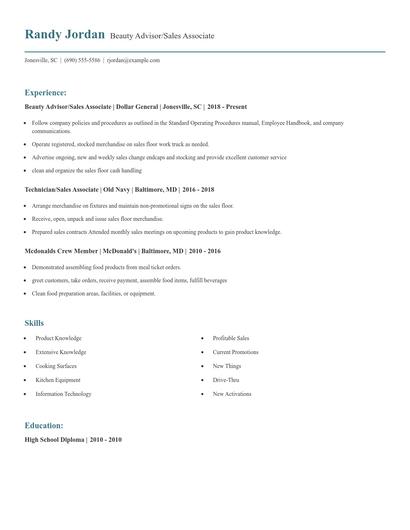 Beauty Advisor/Sales Associate Resume