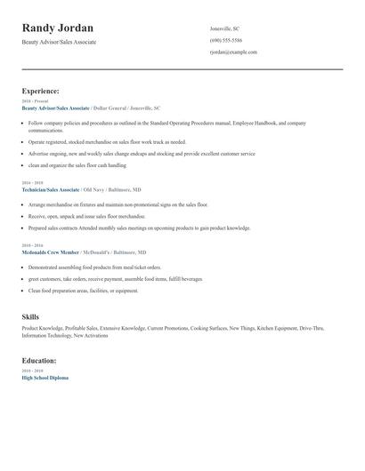 Beauty Advisor/Sales Associate Resume