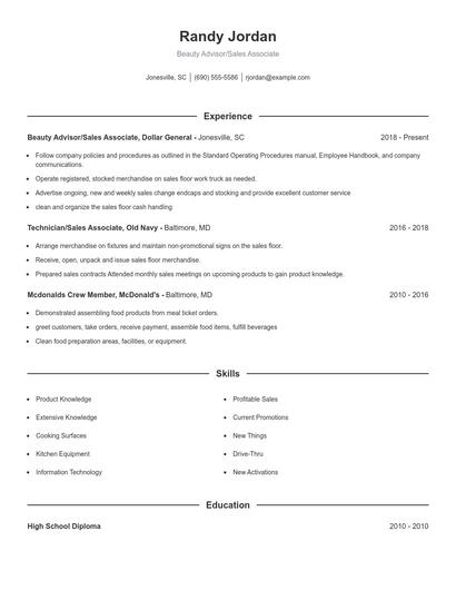 Beauty Advisor/Sales Associate Resume