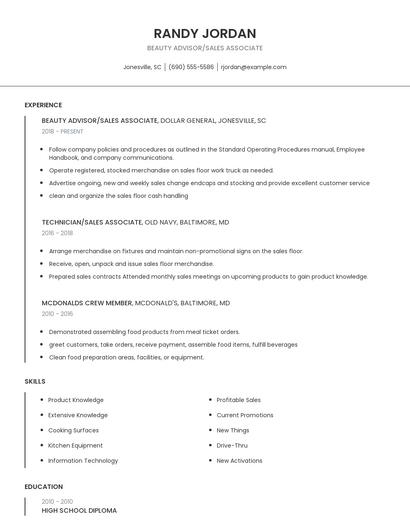 Beauty Advisor/Sales Associate Resume