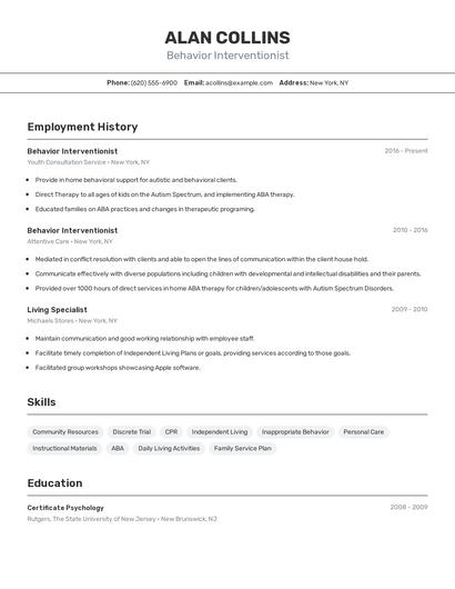 Behavior Interventionist Resume