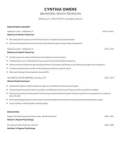 Behavioral Health Technician Resume
