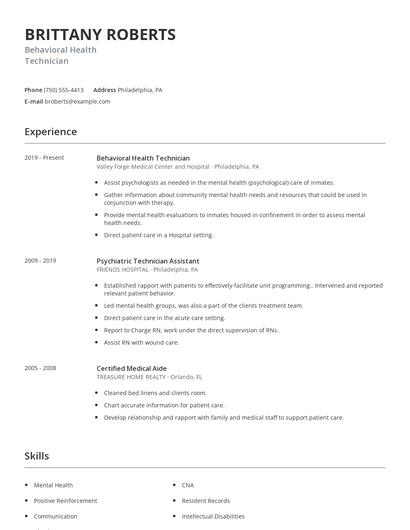 Behavioral Health Technician Resume