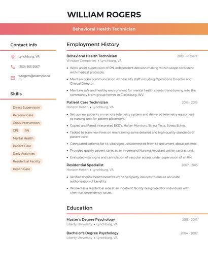 Behavioral Health Technician Resume