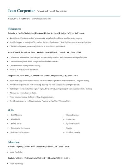 Behavioral Health Technician Resume