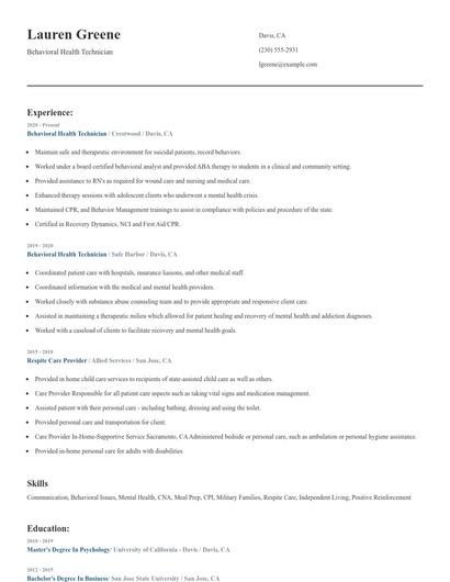 Behavioral Health Technician Resume