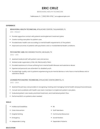 Behavioral Health Technician Resume
