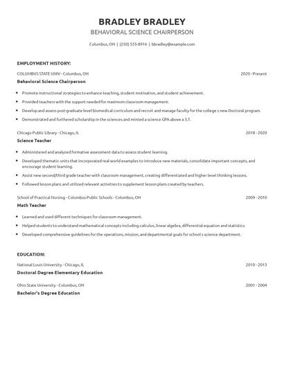 Behavioral Science Chairperson Resume