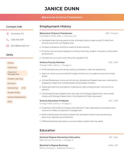 Behavioral Science Chairperson Resume