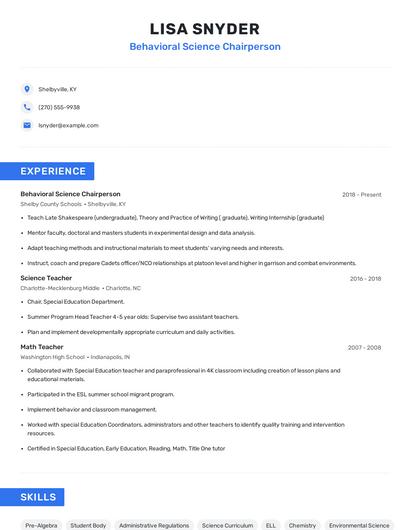 Behavioral Science Chairperson Resume