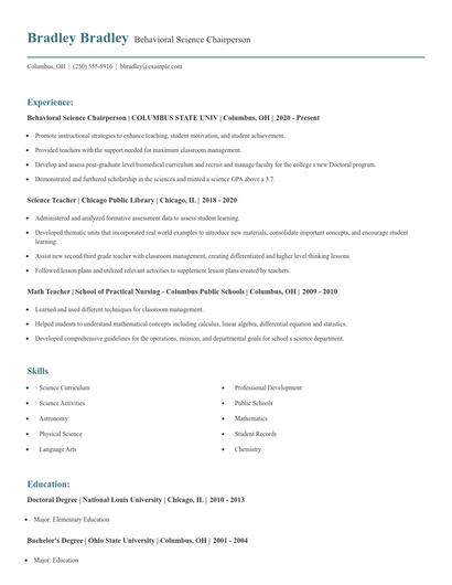 Behavioral Science Chairperson Resume