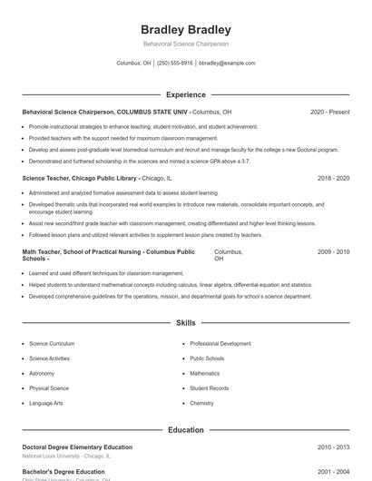 Behavioral Science Chairperson Resume