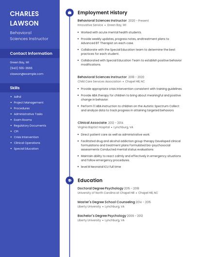 Behavioral Sciences Instructor Resume