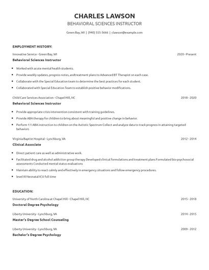 Behavioral Sciences Instructor Resume