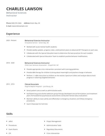 Behavioral Sciences Instructor Resume