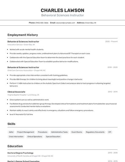Behavioral Sciences Instructor Resume