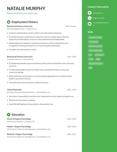 Behavioral Sciences Instructor Resume