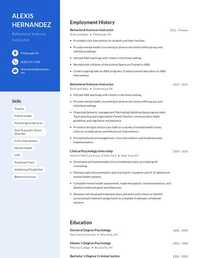 Behavioral Sciences Instructor Resume