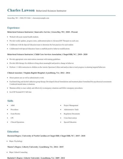 Behavioral Sciences Instructor Resume