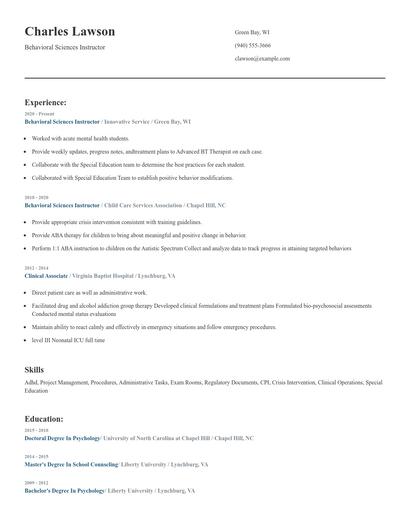 Behavioral Sciences Instructor Resume
