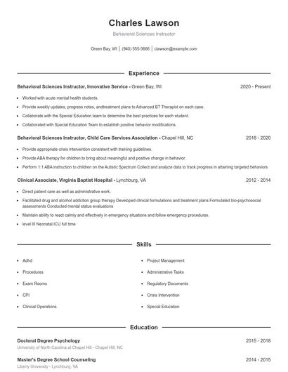 Behavioral Sciences Instructor Resume