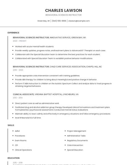 Behavioral Sciences Instructor Resume
